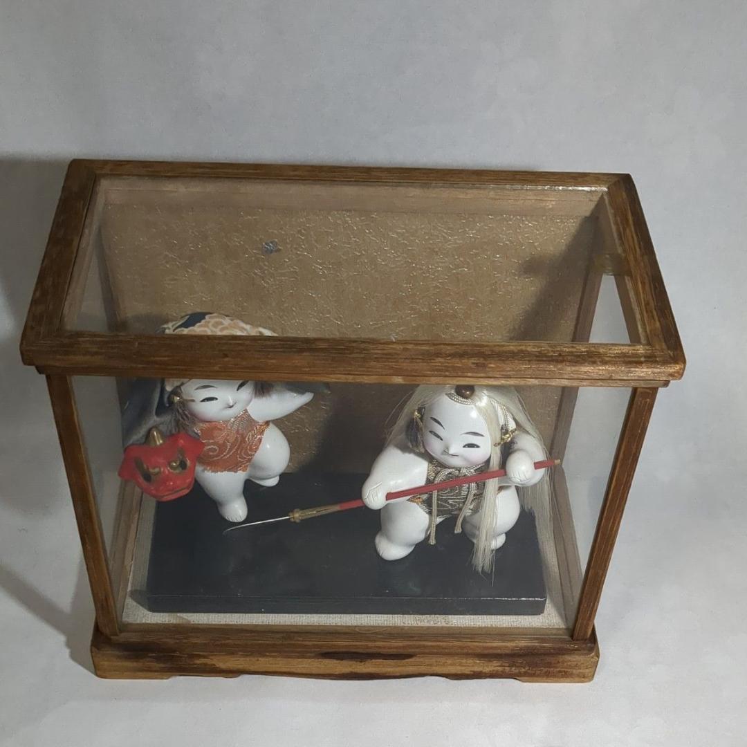 加賀人形 伝統工芸 獅子舞と薙刀 男童 ガラスケース付 昭和レトロ 旧家