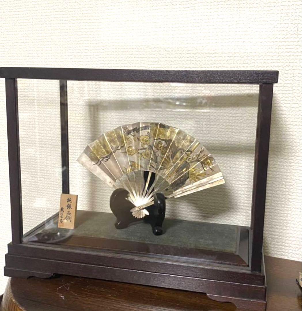 武比古作 純銀製 扇 松竹梅 7号 ガラスケース付置物 緣起物