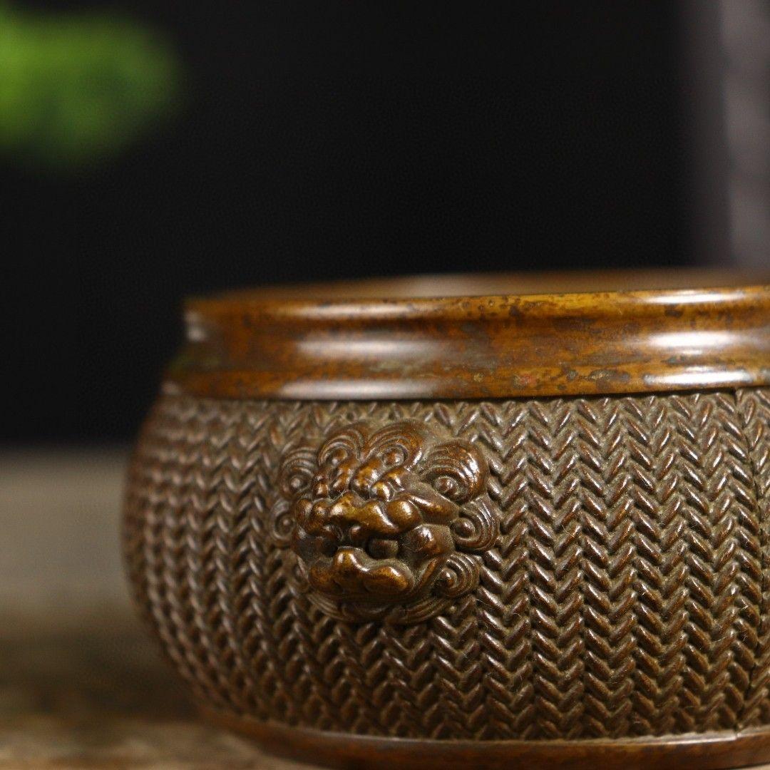 双獅耳竹細工蓋薫香炉 铜香炉 茶道置物