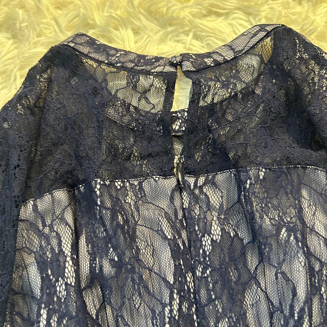 美品【NIANA】ニアナ シアーレース ウエストリボンドレス 長袖ワンピース L