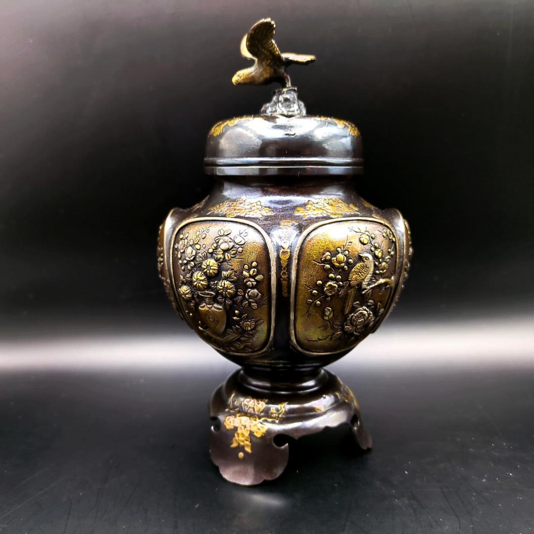 高岡銅器 瑞峰堂 大峰 花鳥文 銅製 香炉 証 共箱付 六面花鳥図 蝋型鋳銅