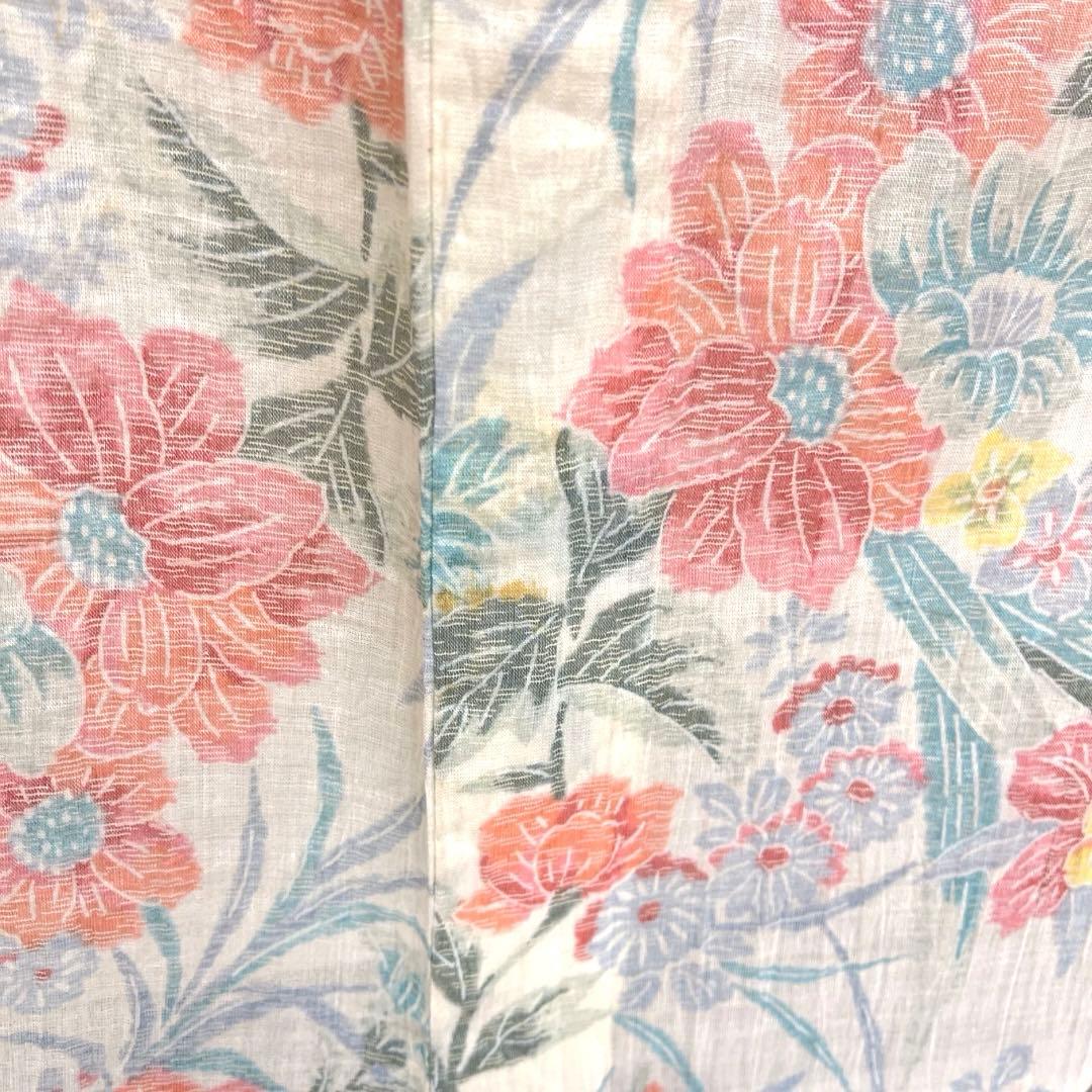 小紋　小千谷ちぢみ　麻　花模様　菊　牡丹　オフホワイト　着物　074a d