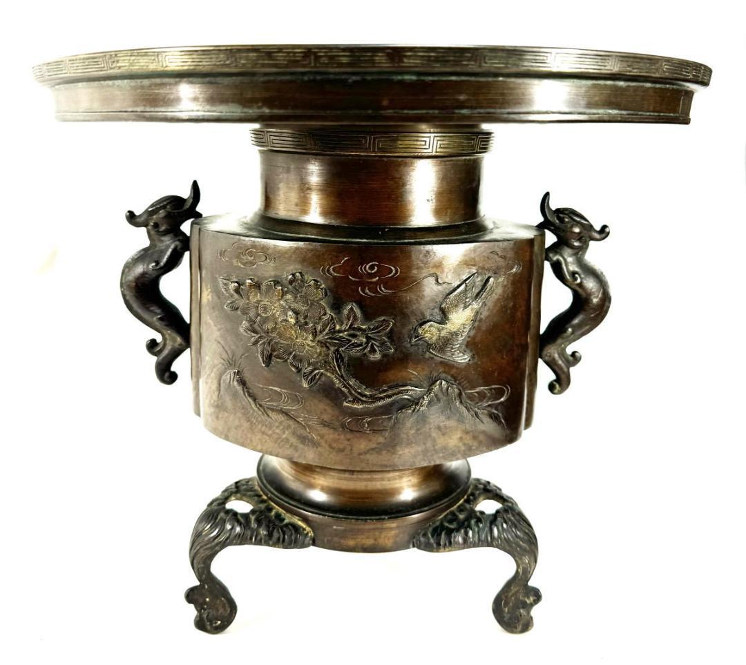 江戸時代 古銅 塗金 雙龍耳花鳥珍獣彫薄端 花器 置物 旧家蔵出