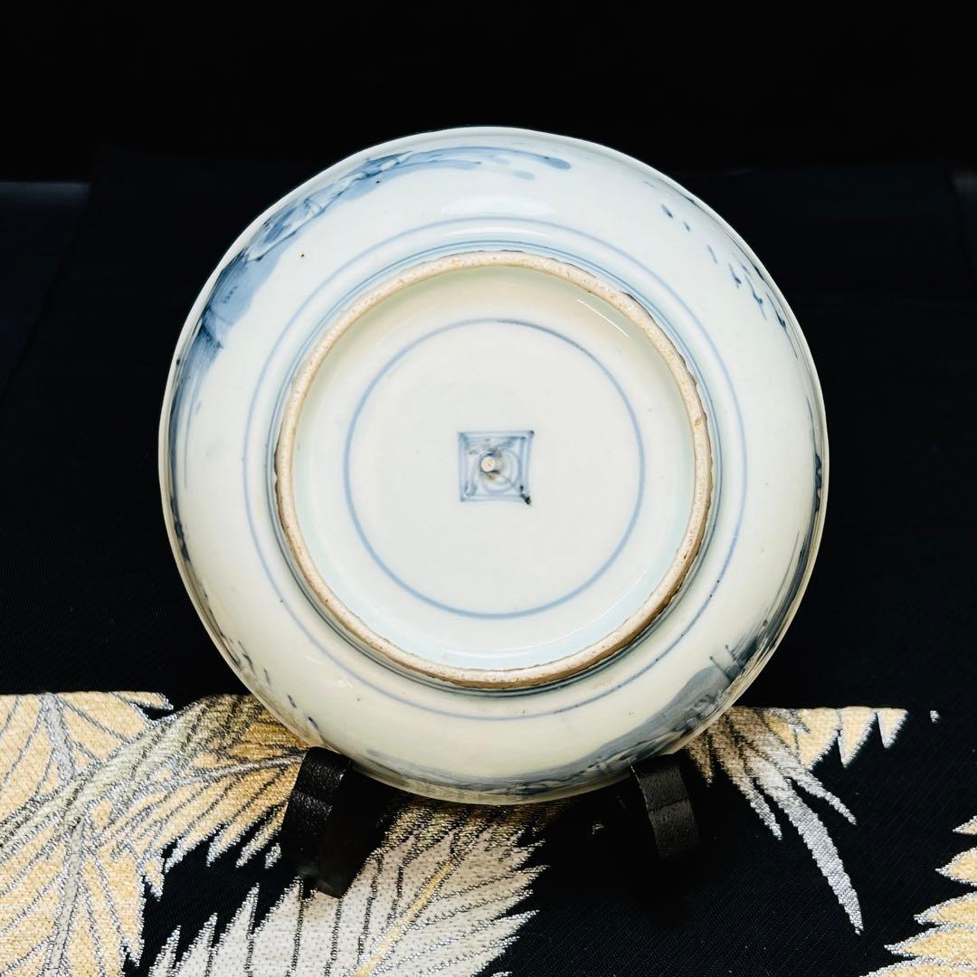 希少 古伊万里 柿右衛門 藍柿 渦福 角福 染付山水桃絵 深皿 1枚 鑑賞皿