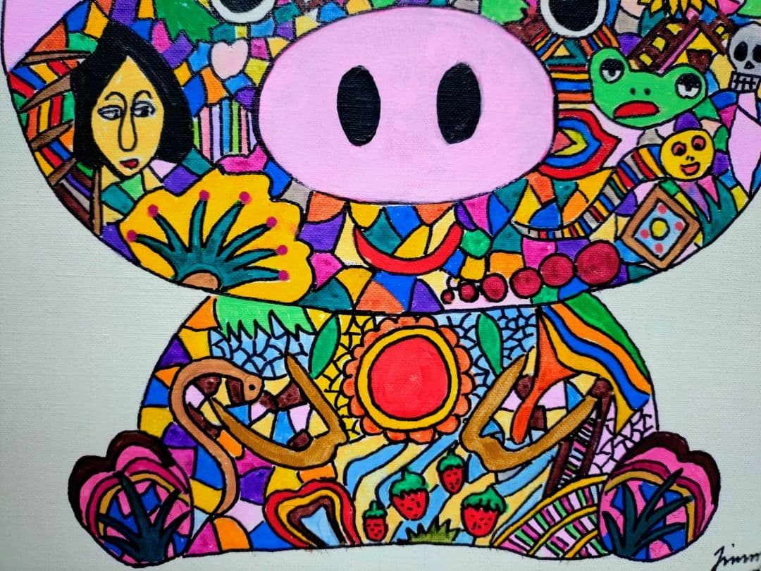 【F6号】ジミー大西【Pig】手描き作品/表裏サイン/油彩/アクリル/絵画/額縁