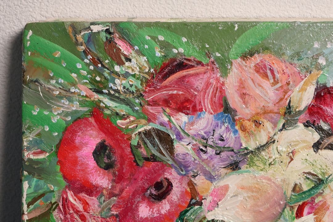 真作】中島裕子 油彩 SM号「ファンタジーの花々」額装 ポピー 薔薇