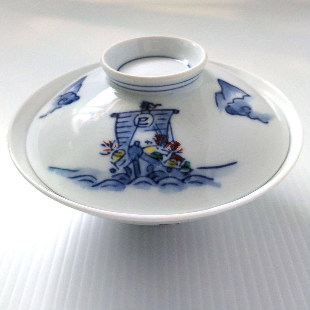 清水焼 京焼 平安京泉 京泉 染付 色絵 賀正 宝船 飯茶碗 飯碗 蓋付き 1