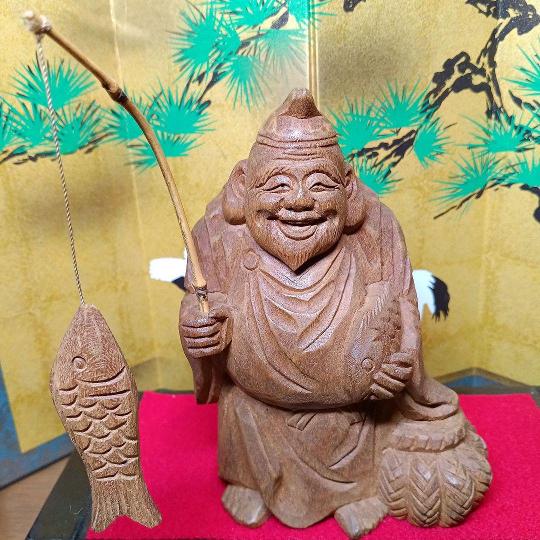 骨董品 恵比寿:大黒 木彫り置物 屏風&台座付き 希少セット 木彫り 恵比寿様