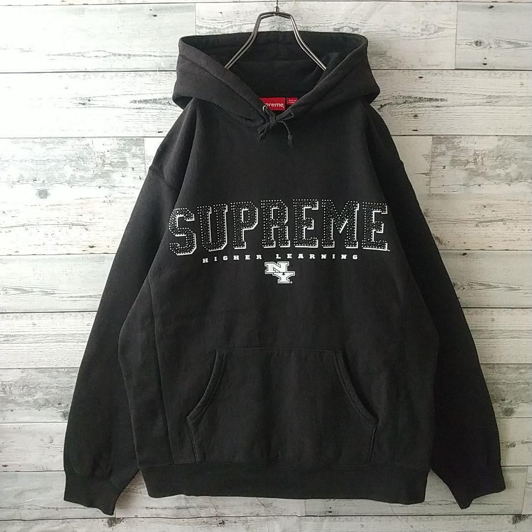 希少サイズ☆シュプリーム センターロゴ ラインストーンロゴ パーカー 黒 XL