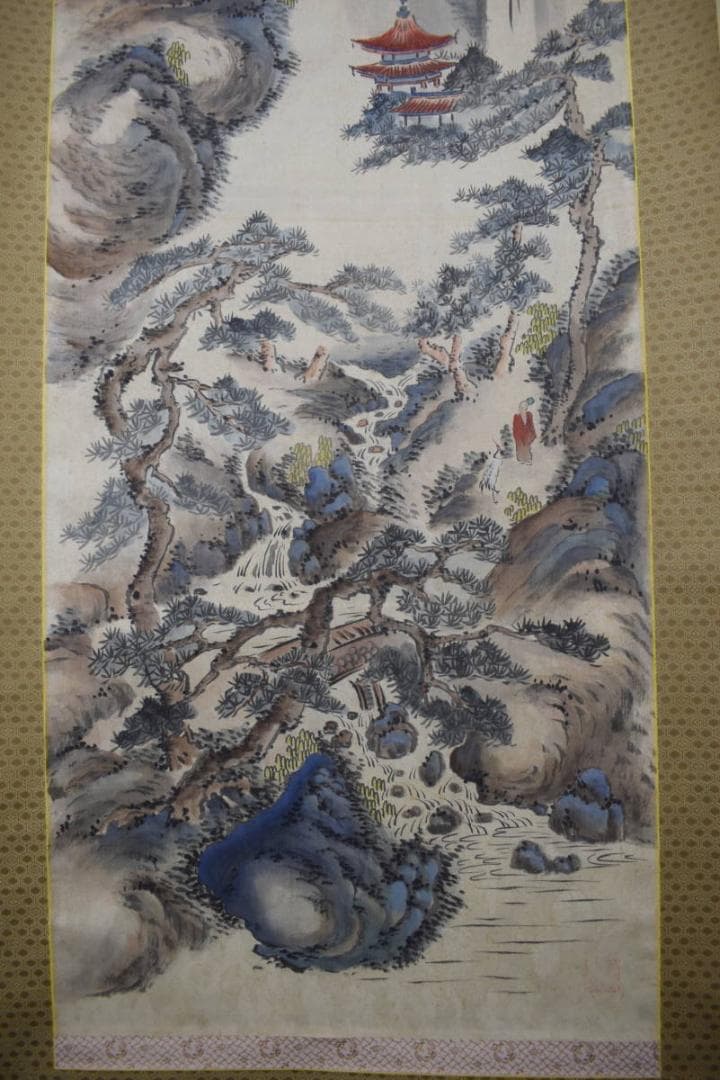 静山/塔山水人物図/掛軸☆宝船☆Y-783 JM