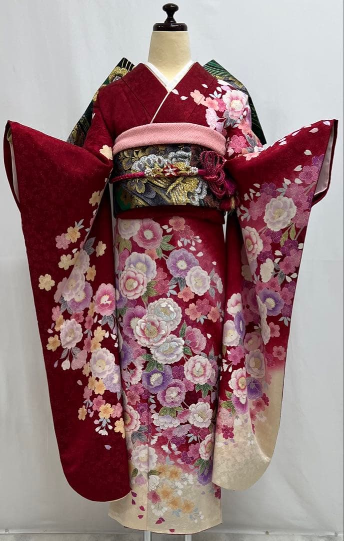 振り袖 フルセット 金彩加工 長襦袢付 刺繍入り 金通し 赤 花 664