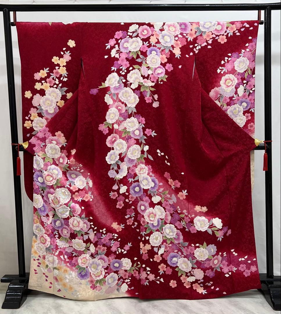 振り袖 フルセット 金彩加工 長襦袢付 刺繍入り 金通し 赤 花 664