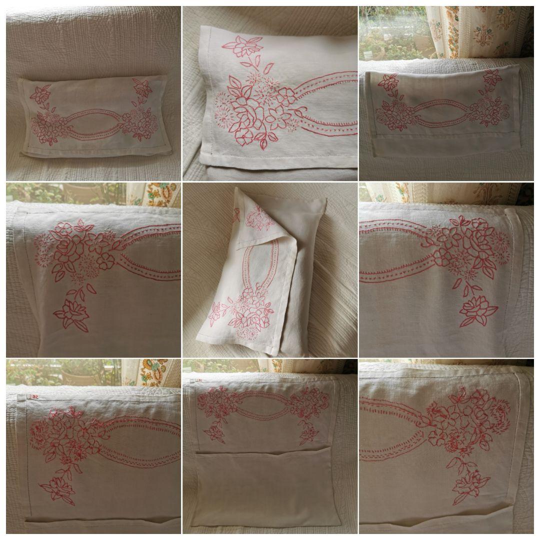 アンティークフランス 薔薇紫陽花赤糸刺繍 ランジェリーケース リネン