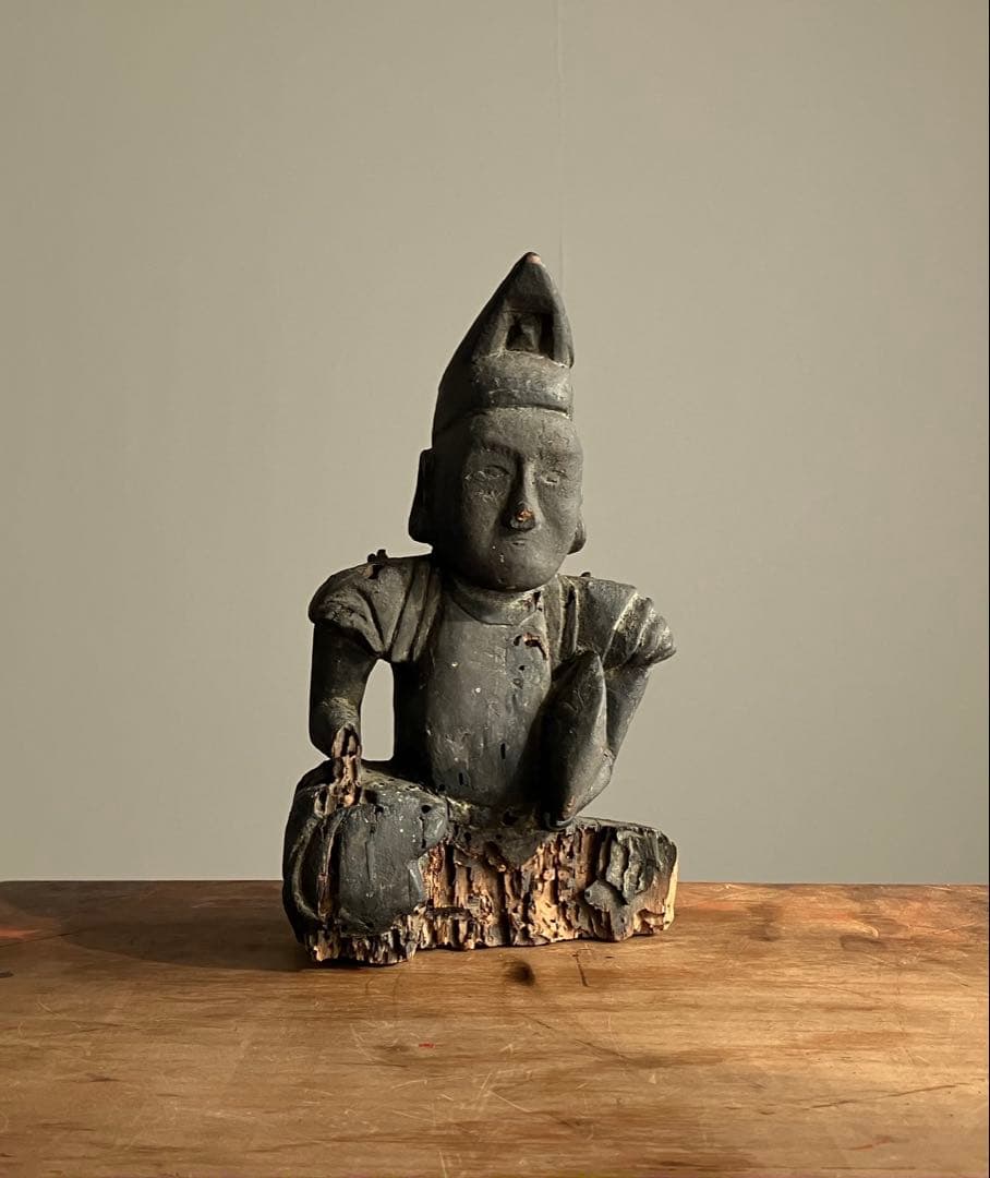 黎明期の恵比寿木彫 室町時代頃】骨董七福神アンティーク仏像美術彫刻民藝