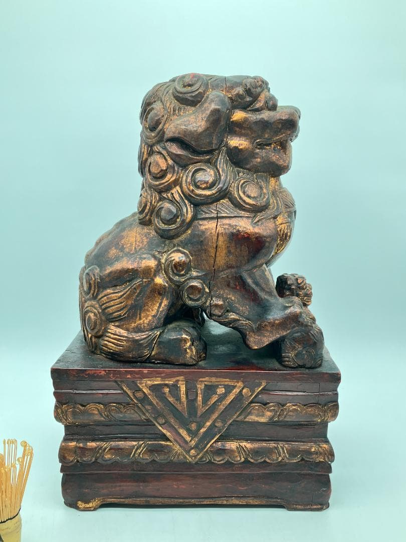 時代木製獅子 狛犬 一対 高さ：約44cm 木彫り