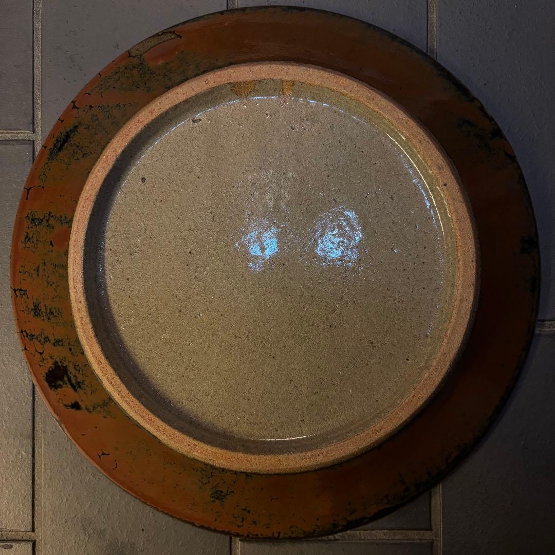 益子焼　濱田晋作　浜田晋作　柿釉抜絵皿　飾り皿