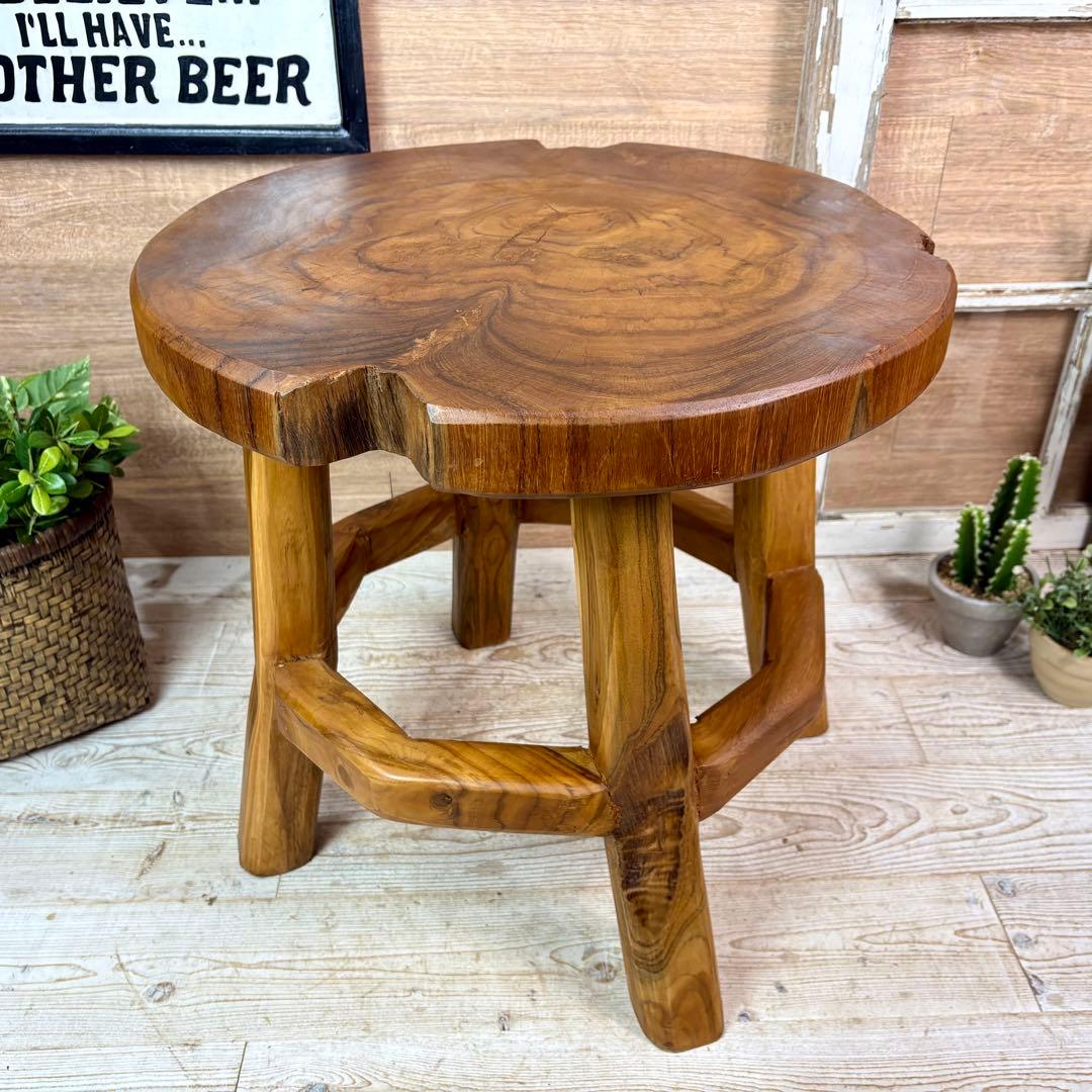 オールドチーク天然無垢材木製創作極太サイドテーブル L（直径55
