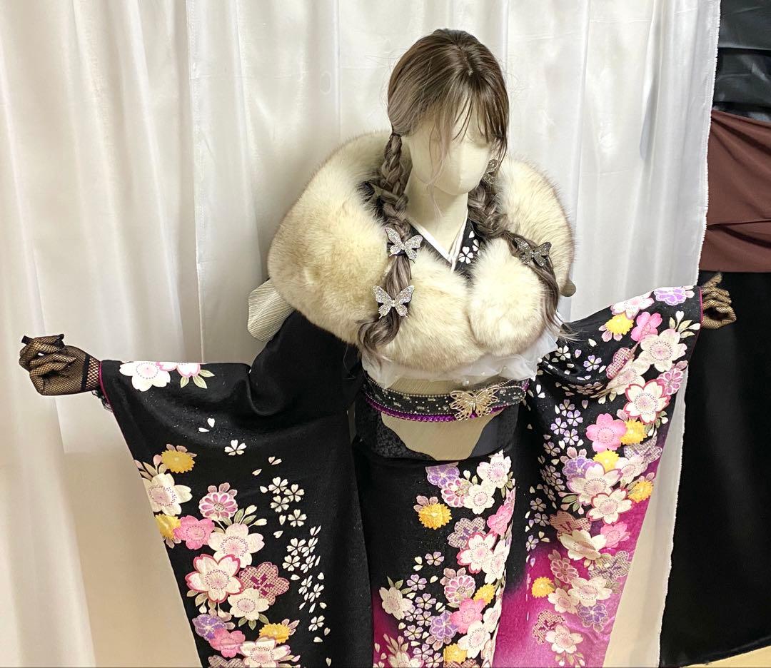 振袖 フルセット 山本寛斎 黒地 ピンク 銀通し 和柄 かわいいの通販は
