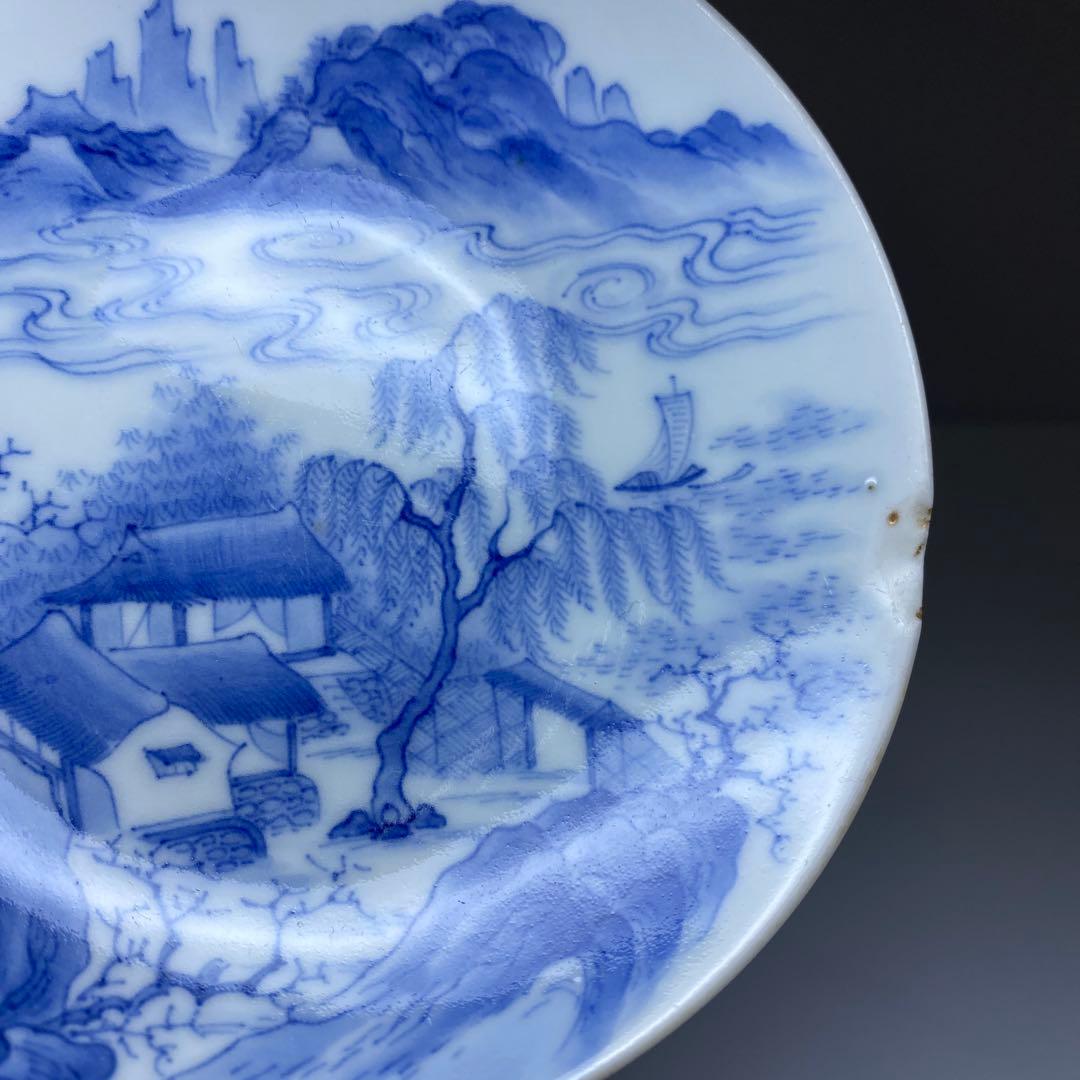 江戸中後期　極上手鍋島焼染付山水風景画皿　木箱付　本Y7-0331☆1Fタニト