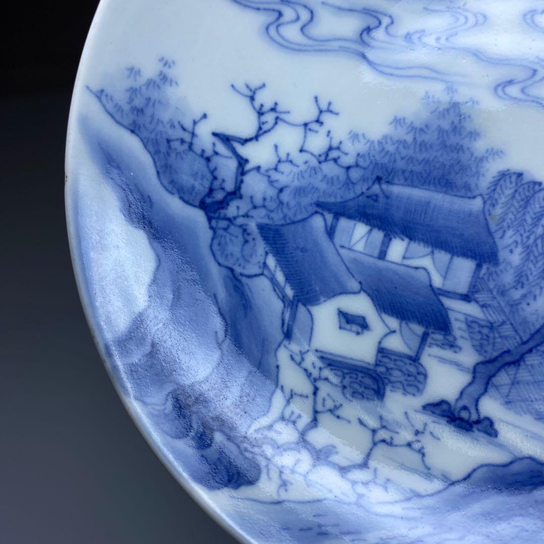 江戸中後期　極上手鍋島焼染付山水風景画皿　木箱付　本Y7-0331☆1Fタニト