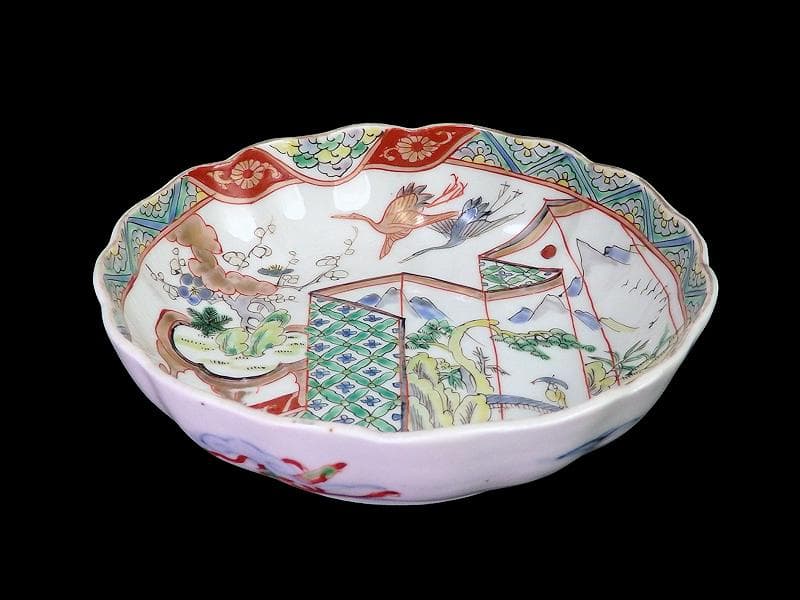 古伊万里色絵屏風図に双鶴の図膾皿5枚D299AS-fbty