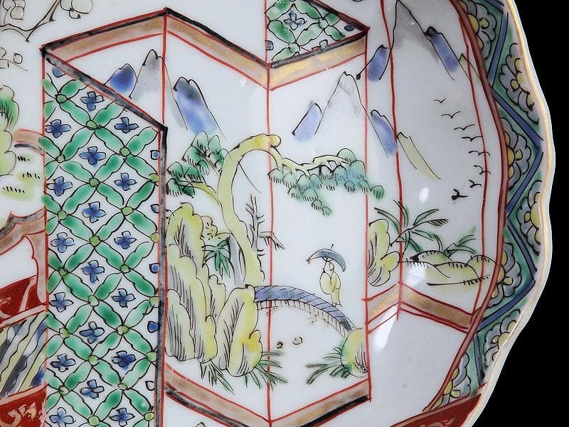 古伊万里 色絵 屏風図に双鶴の図 膾皿 5枚 D299AS-fbty
