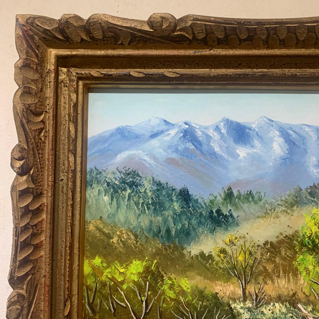 絵画　油彩肉筆画　『末川と木曾御岳　羽沢清水』アンティーク