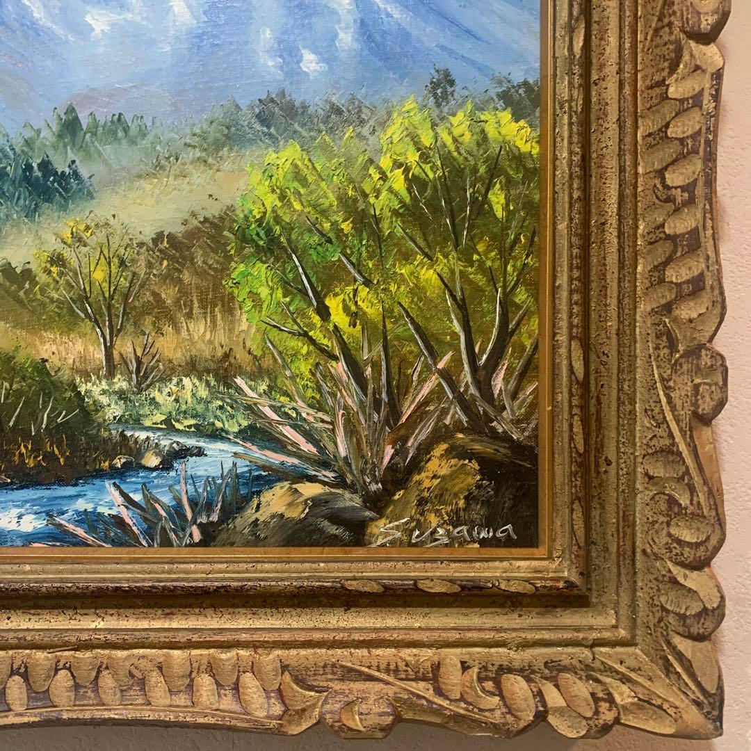 絵画　油彩肉筆画　『末川と木曾御岳　羽沢清水』アンティーク