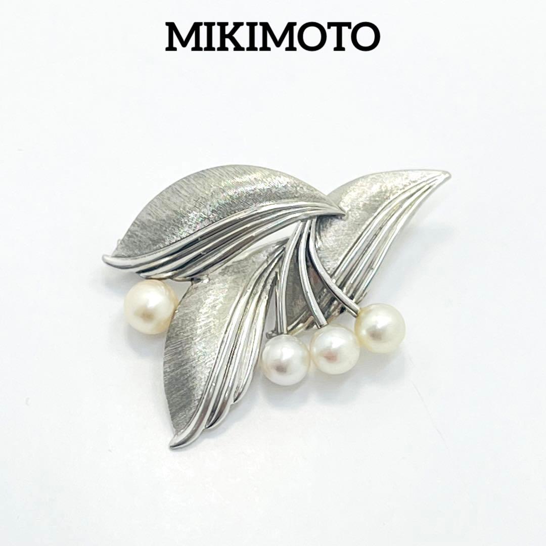 MIKIMOTO ミキモト パール ピンブローチ コサージュ シルバー リーフ