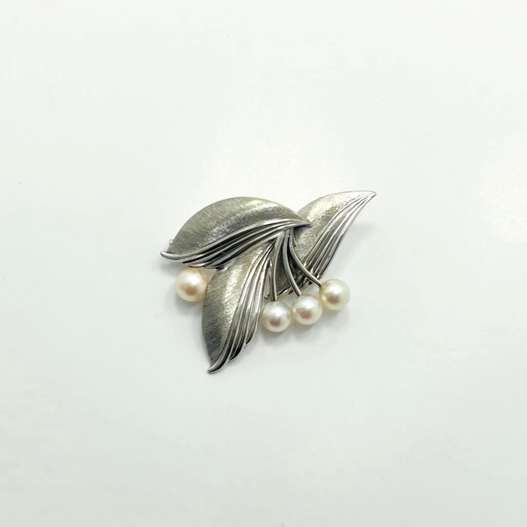 MIKIMOTO ミキモト パール ピンブローチ コサージュ シルバー リーフ