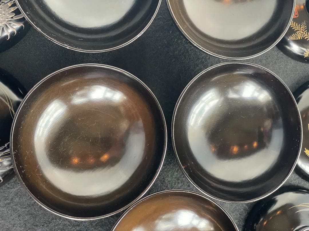 清流椀 吸物 雑煮 5客 黒 漆 海老 金彩 本金 磨き 蒔絵 骨董美品