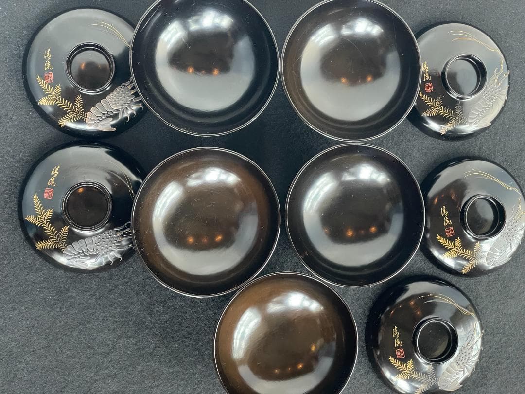 清流椀 吸物 雑煮 5客 黒 漆 海老 金彩 本金 磨き 蒔絵 骨董美品