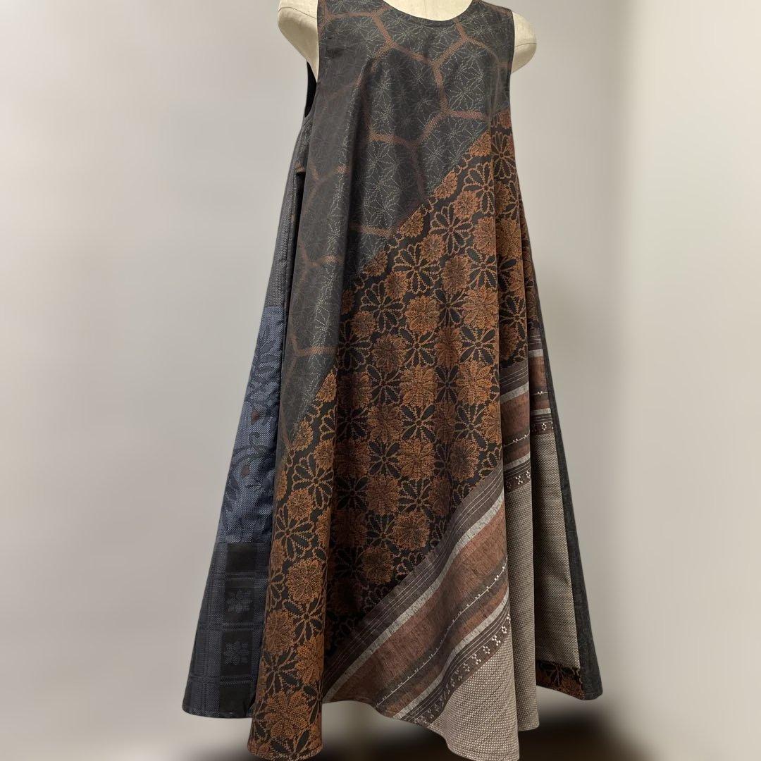 着物ワンピーステントラインロング丈《9》大島紬や紬等(7マルキ含)Mサイズくらい