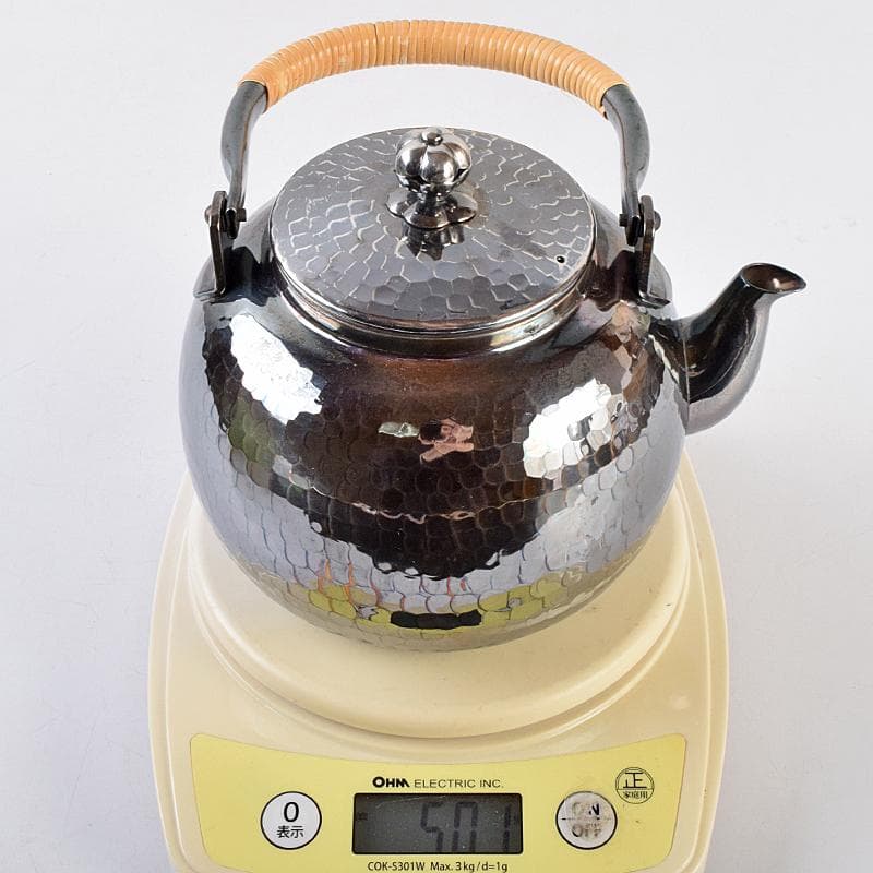 煎茶道具 白銅いぶし銀 槌目 銀瓶 湯沸し 約501g M R9483