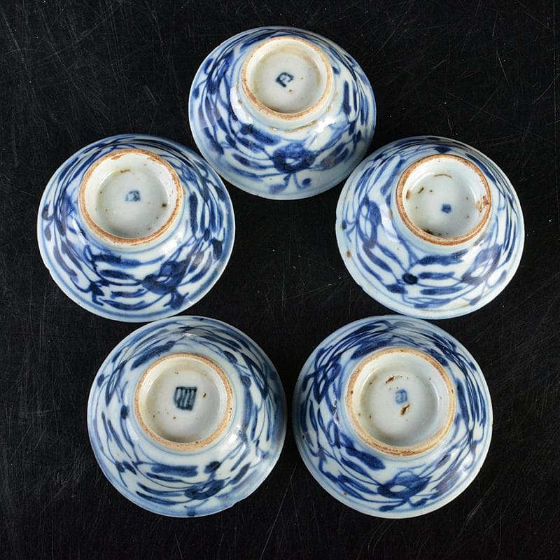 中国 青花 花文 煎茶碗 五客 時代箱付 M R7281