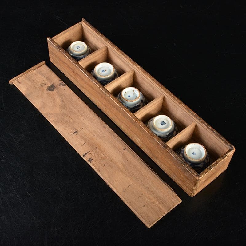 中国 青花 花文 煎茶碗 五客 時代箱付 M R7281