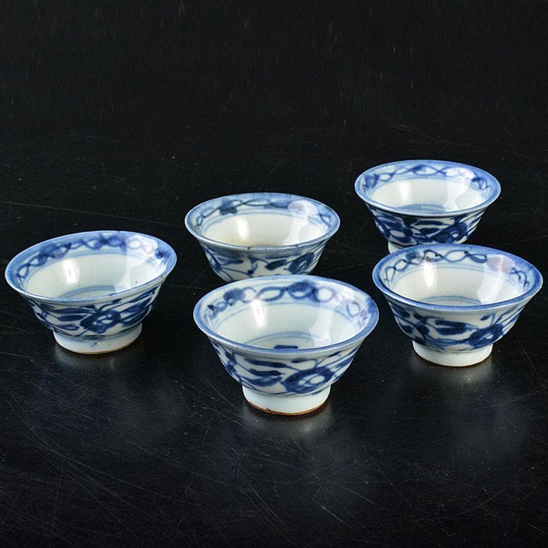 中国 青花 花文 煎茶碗 五客 時代箱付 M R7281