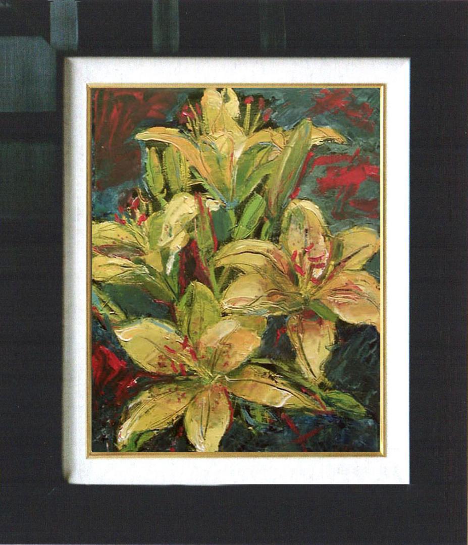 油絵 菅家令子 絵画インテリア 額付(青緑＋金色の枠)uF6-112102花ゆり