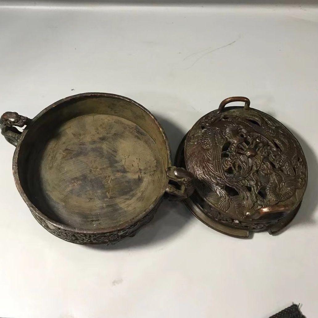 銅器 龍鳳盤香炉 薫香炉 香具 香道具 装飾品 工芸品 美術品 置物