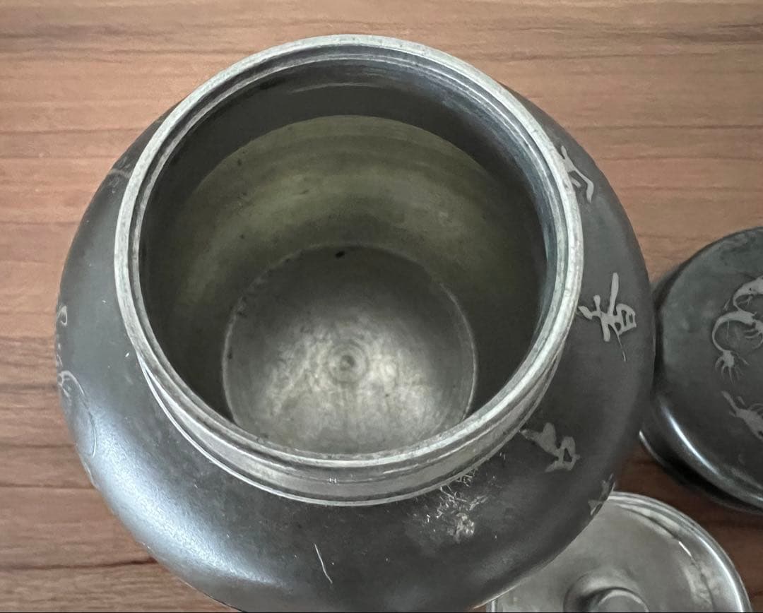 銅製 建水 茶こぼし・錫製茶入 美奈登製/錫茶托 5客セット