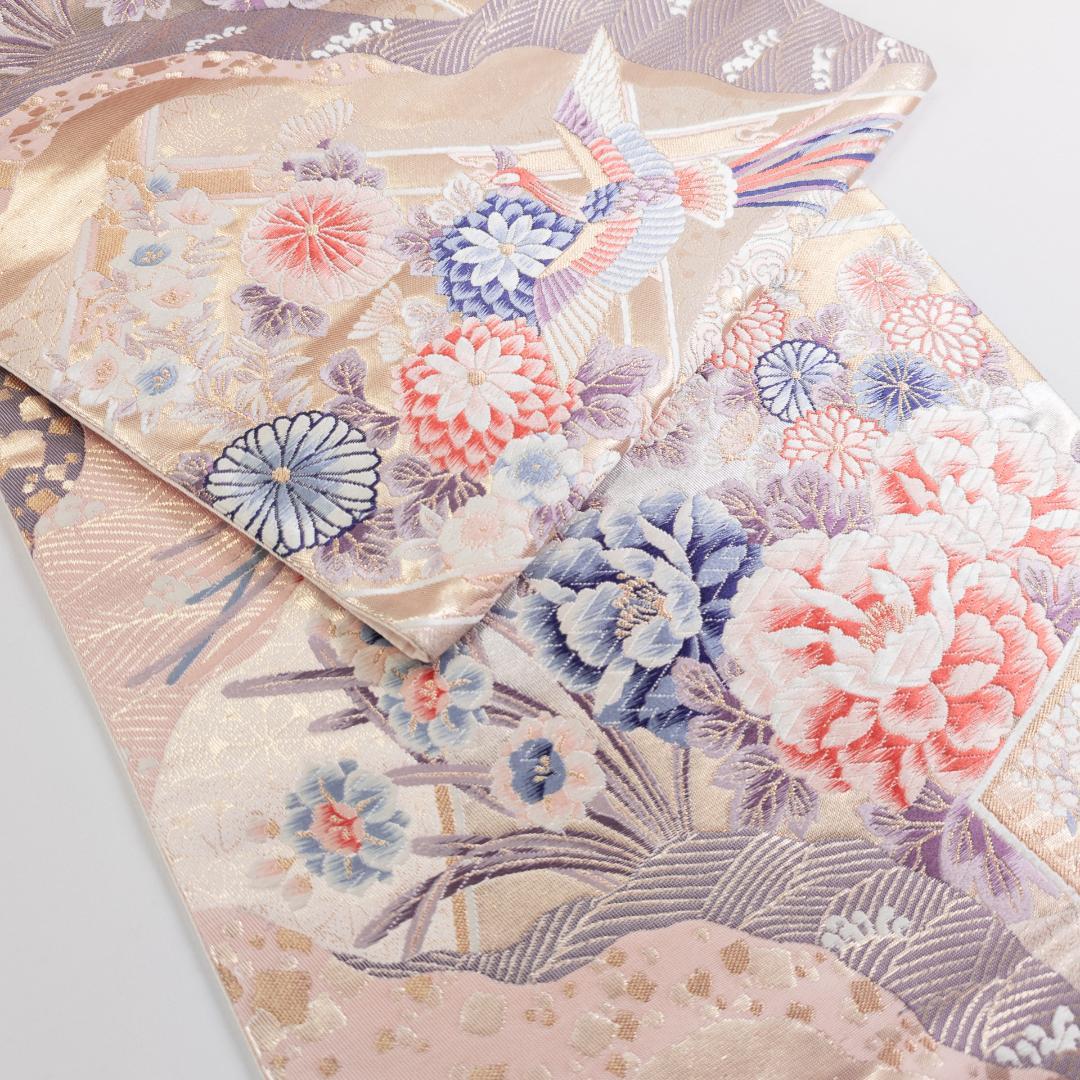 R7SK1321 振袖+帯 2点セット 花 道長花鳥文 扇 淡い紫 ピンク