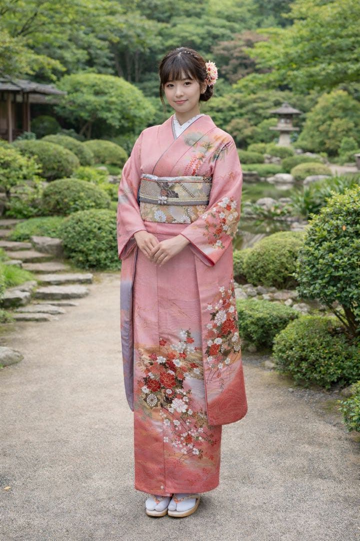 翼付き 振袖 藤×雲取り 花車 金彩 ピンク×藤色 身丈155 裄