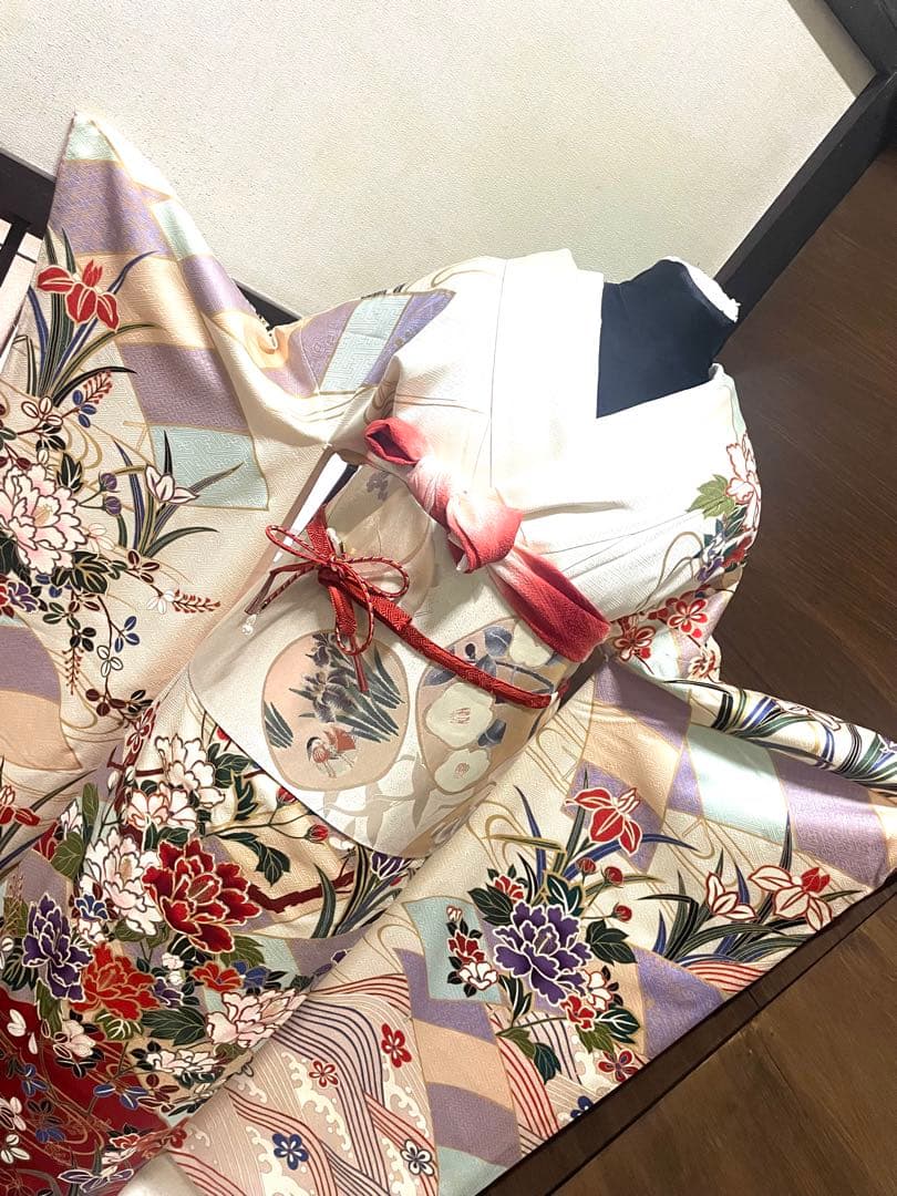 振袖フルセット6点サイズM〜L駒刺繍 流水鴛鴦花文 金彩