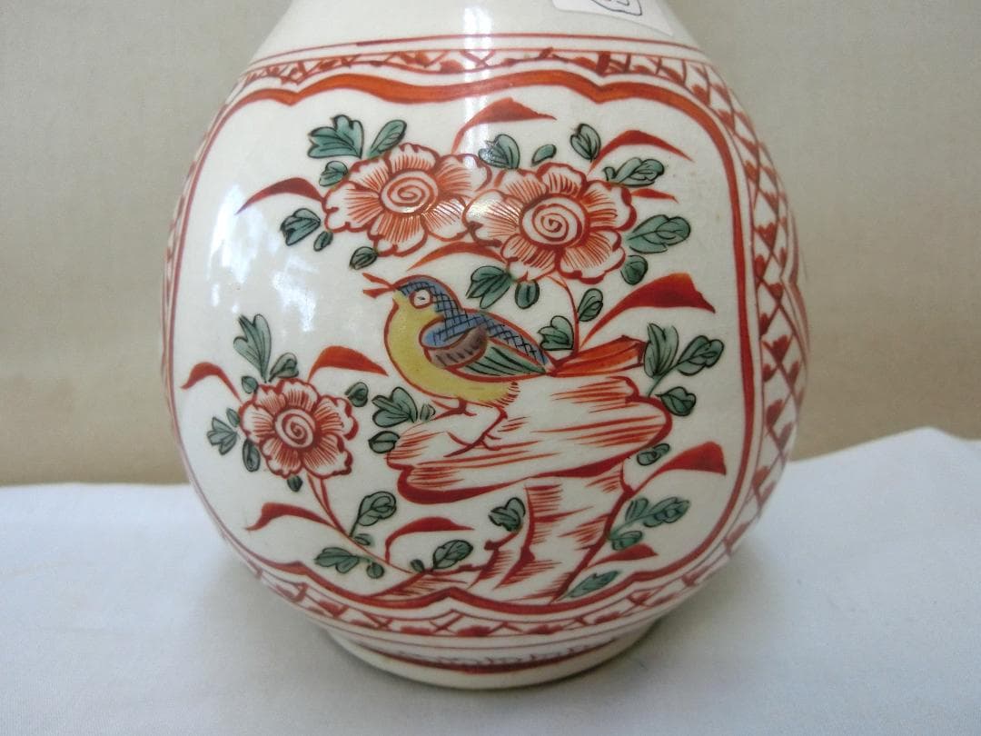 見事【九谷瓢箪型花器色絵角福銘窓絵花鳥人物図・33】◇鑑賞陶磁器花瓶壷