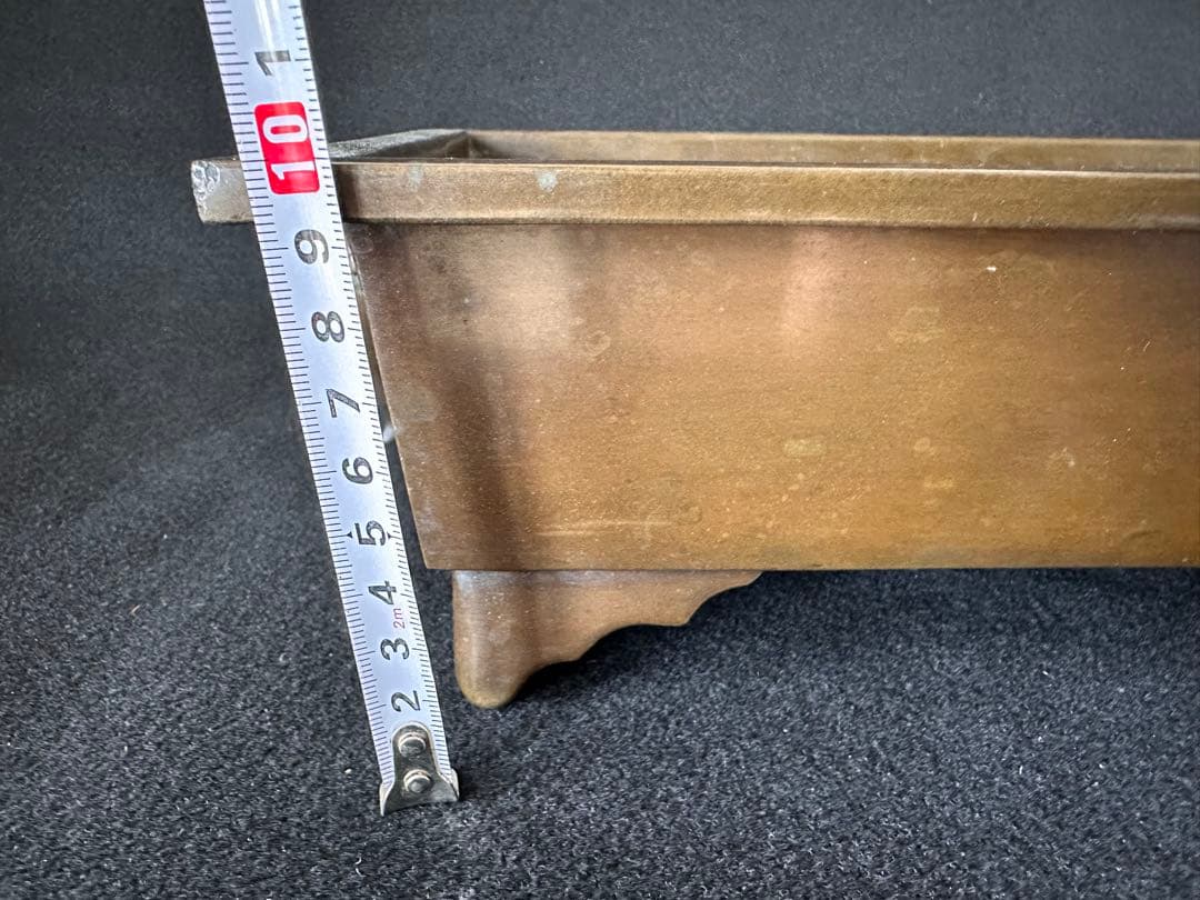 唐銅　広口　長方砂鉢　水盤　高10cm 重さ約4kg　古銅 双耳 華道具 共箱