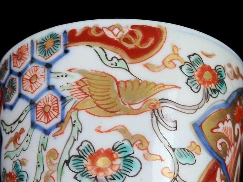 古伊万里 花に七宝紋 菊花四方襷紋に鳳凰の図 蕎麦猪口 E209AS-CXg