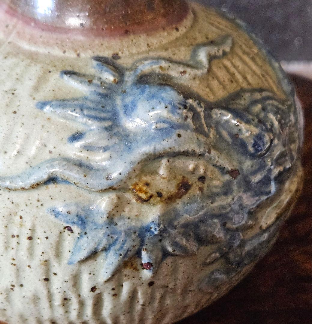 時代古作品❗沖縄の焼物　古琉球　壺屋焼　やちむん　陽刻浮彫色絵　雲龍巻き壺　徳利