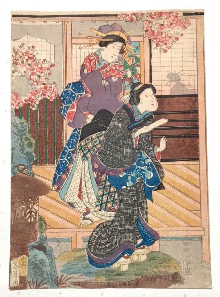 浮世絵版画、當世美人花之賑三枚綴り国輝舎国彦画（歌川国彦)安政2年