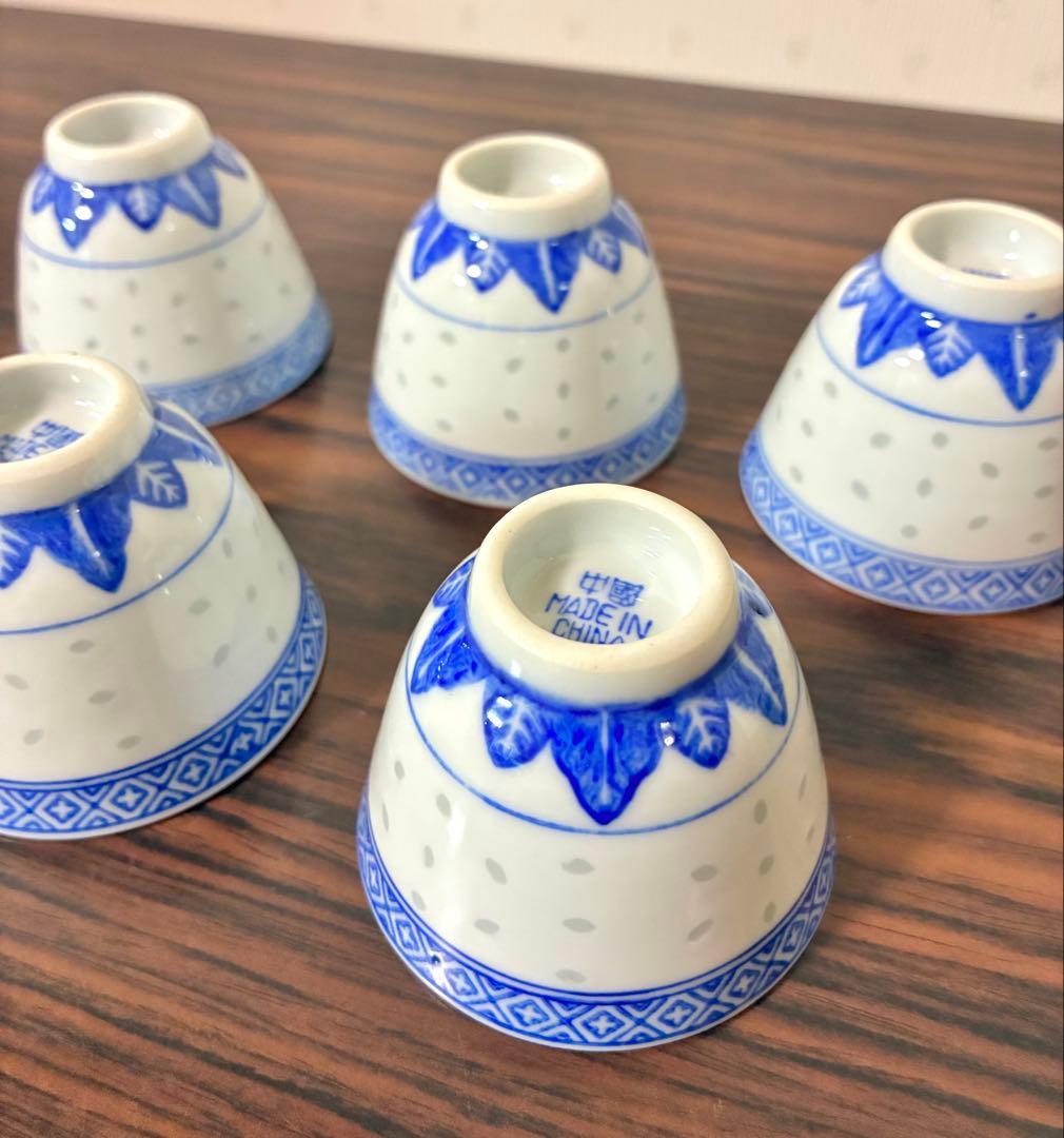 透かし彫り 蛍手 見込みに菊 染付 中国茶器セット 急須と茶碗5個 骨董