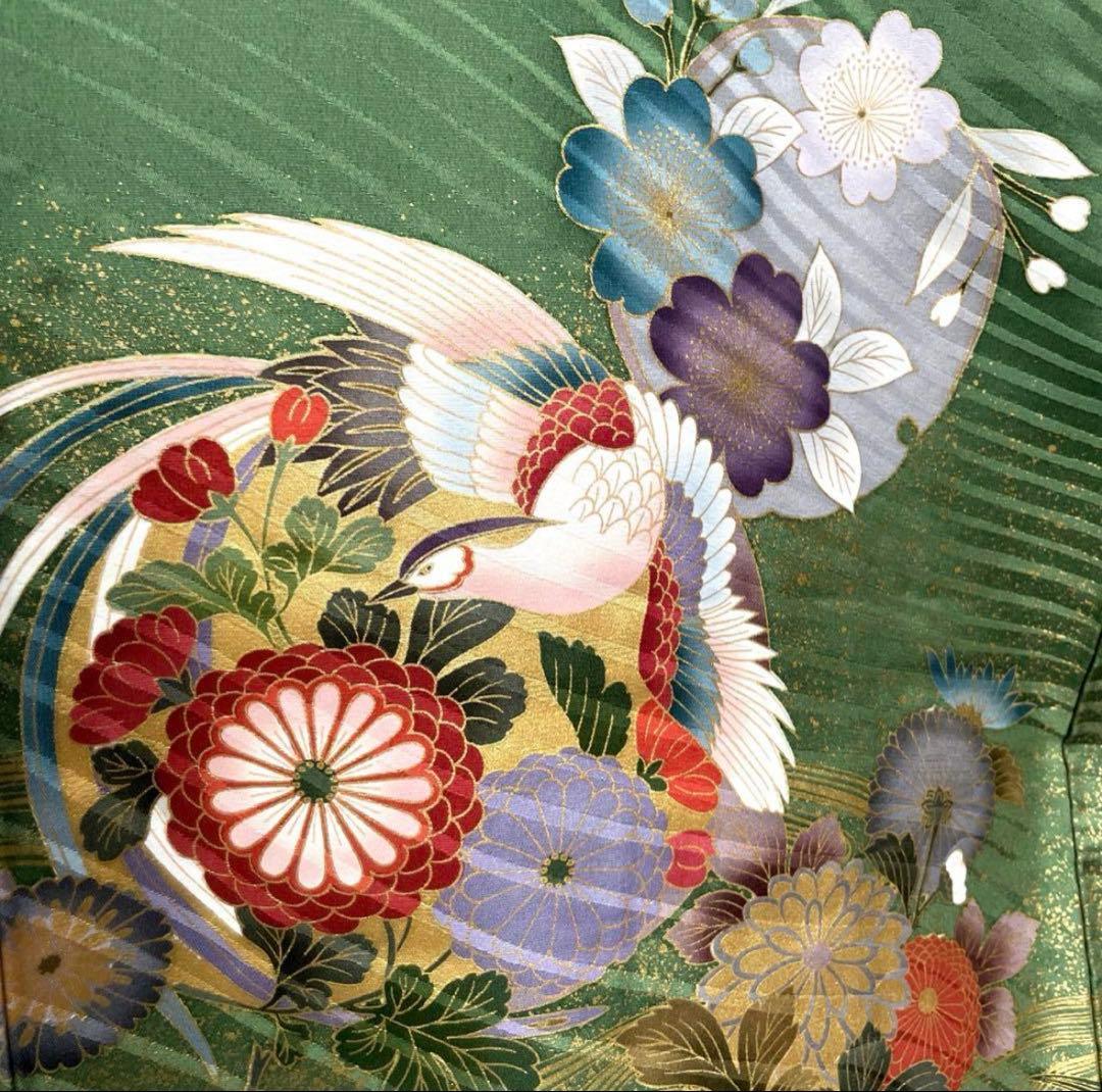 振袖 鳳凰梅 金駒刺繍 枝垂れ桜菊金彩 グリーン 正絹着物